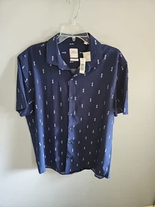 NWT Men's Essex Crossing Navy Blue Pale Pink Pineapples Large Stretch Button Up - Picture 1 of 5