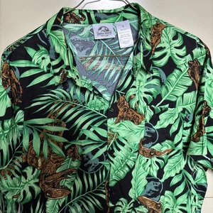Camicia hawaiana dinosauro Jurassic World Raptor uomo grandi foglie verdi rayon - Foto 1 di 14