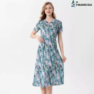 Elegante vestido de punto de seda cuello en V, vestido de longitud media para damas con pr... - Imagen 1 de 10