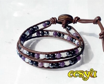 【Piedras preciosas】Pulsera envolvente de cuero 2 veces hecha a mano *madera* Foto 1 de 4