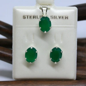 New Sterling Silver Genuine 5.3 Ctw Genuine Oval Green Onyx Set Pendant Earrings - Bild 1 von 12