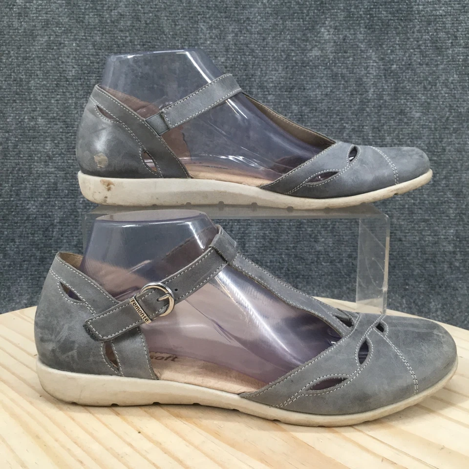 Sapatos femininos Remonte macio 41 T alça plana recortada couro cinza fivela conforto - Imagem 1 de 4