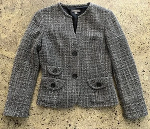 Ann Taylor Petites Wool Blend Gray Tweed Jacket 4P Career Workwear Lined Blazer - Picture 1 of 12