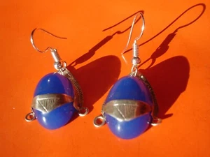 SILBER Niger Tuareg BLAUER ACHAT oval Skarabäus Ohrringe + Silberhaken L22mm - Bild 1 von 5
