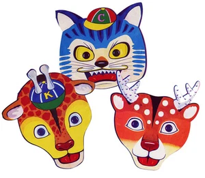 Vintage 3er Set Kinder Wildtier Masken (60er Jahre) Katze Giraffe Hirsch  - Bild 1 von 4