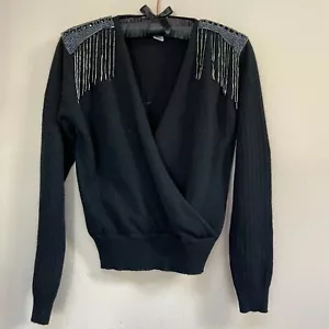 Vintage Kelly Harper Wrap Front Ribbed Fringe Beaded Sweater Small Petite Black - Picture 1 of 9