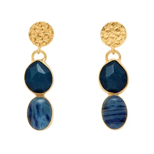 Brand New Handmade Blue Jade & Glass 18k Gold Plated Hanging Earrings Gift - Picture 1 of 4