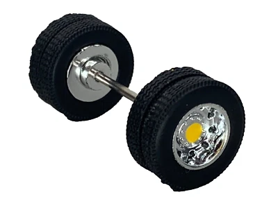 1/64 DCP PARTS CHROME/YELLOW 10 HOLE WHEEL & TIRE PAIR W/ AXLE - Image 1 of 3