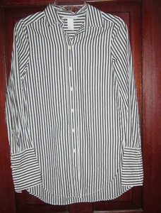 H&M 2 Button Down Shirt Top Tunic Blouse Striped Print High Low White Black Long - Picture 1 of 3