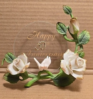 Placa de vidrio del 50 aniversario con soporte de metal para rosas y palomas 61608 Roman Co.  Foto 1 de 4