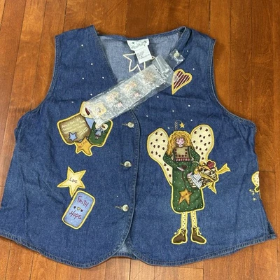 Quacker Factory Blue Denim Believe Love Angel Sleeveless Vest Womens Size 1X NEW - Image 1 of 4