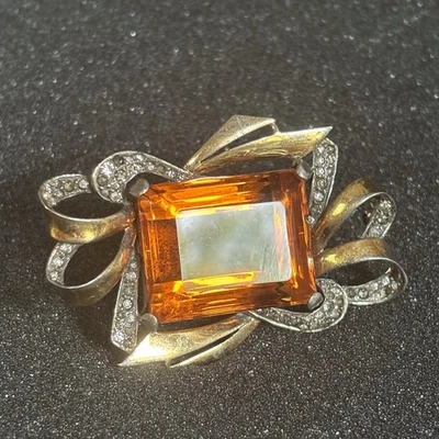 Vintage Sterling Silver Brooch With Large Amber Glass Stone & Rhinestone Accents - Image 1 of 4