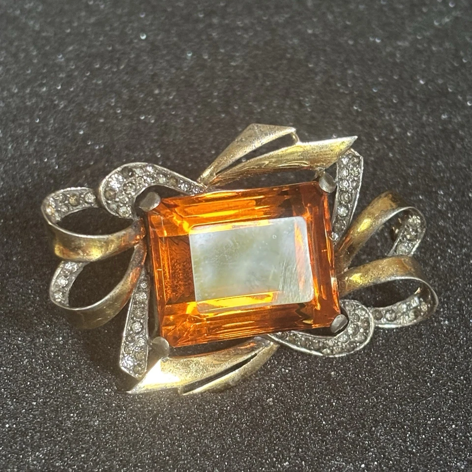 Vintage Sterling Silver Brooch With Large Amber Glass Stone & Rhinestone Accents - Image 1 of 4