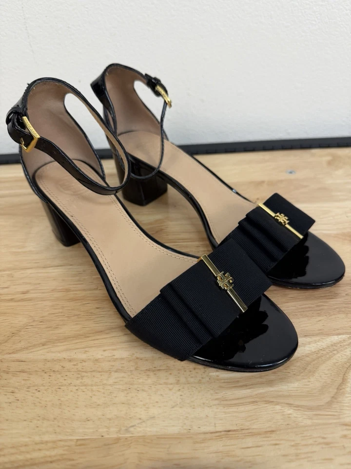 Sandalias Tory Burch Selma con lazo tacón bloque charol negras talla 8 Foto 1 de 4