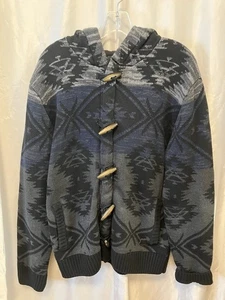 Trash Nouveau Hooded Sweater Aztec Grey Blue Black Zipper & Buttons Large - Picture 1 of 6
