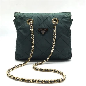 Good PRADA Prada Triangular Logo Plate Nylon Quilted Chain Shoulder Bag Green - Picture 1 of 10