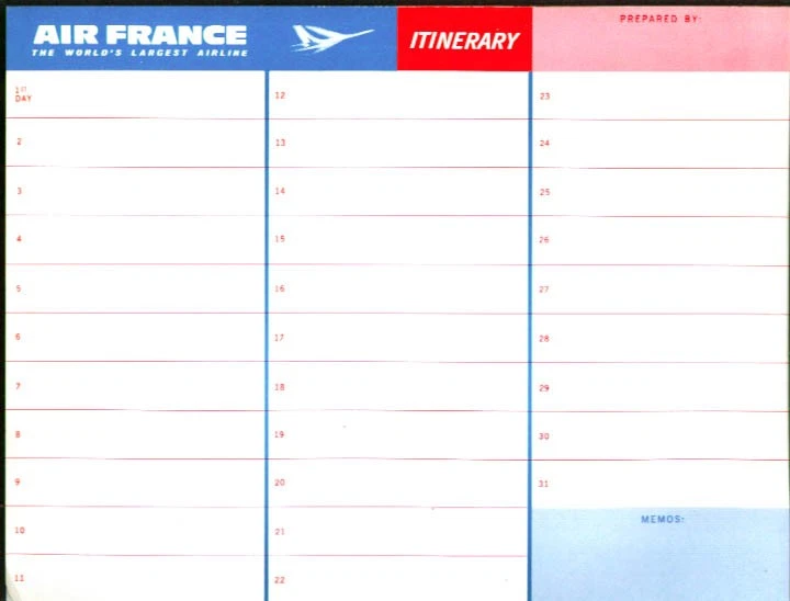 Forma de itinerario de Air France y mapa de ruta sin usar años 60 Foto 1 de 1