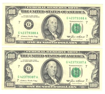 1985 One Hundred Dollar Bills $100 Consecutive Numbers 42379387 & 88 - Image 1 of 2