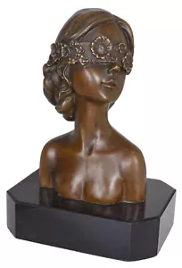 Jugendstil Bronze Büste Frau mit verbundenen Augen Bronze auf Marmorsockel - Bild 1 von 5