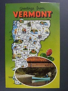 Saludos desde Vermont Mapa Estatal Monumentos Puente Cubierto Color Cromo 1971 De Colección - Imagen 1 de 2