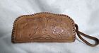 Vintage Hand Tooled Leather Clutch Purse 8" Wallet Hippie Zipper Pouch Free Ship