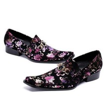 Mens Floral Leather Slip On Pointy Toe Dress Business Wedding Casual Shoes 9.5sz