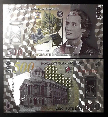 ROMANIA 500 LEI 2005 SILVER PLATED POLYMER BANKNOTE - Image 1 of 4