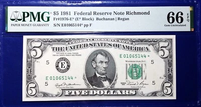 1981 $5 Federal Reserve Note Fr-1976-E* Richmond PMG66  Gem PPQ - Image 1 of 2
