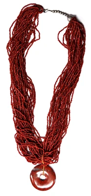 Nickel Silver 30 Strand Coral Seed Bead 23" Necklace Red Jasper 34mm Pendant - Image 1 of 4