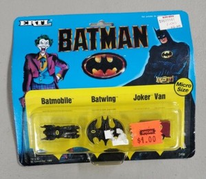 (1) 1989 Ertl DC Batman Micro Size Batmobile Batwing Joker Van 1/43 Package O4