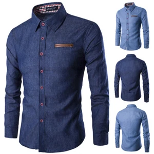 Men Denim Dress Shirt Solid Color Long Sleeve Slim Fit Button Down Casual Tops ṑ - Picture 1 of 15