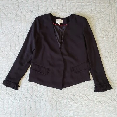 Blazer Adrienne Vittadini Mujer Negro Volantes Puño Sin Cuello Frente Abierto Talla L Foto 1 de 4