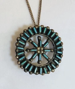 VINTAGE NAVAJO ZUNI STERLINGSILBER NADELSPITZE TÜRKIS ANHÄNGER HALSKETTE - Bild 1 von 12