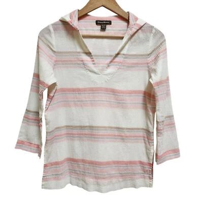 Tommy Bahama Hooded Top Women XS Pink Gray Cotton Stripe V Neck 3/4 Sleeve Beach - Image 1 of 4
