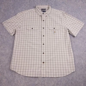 Carhartt Button Up Shirt XL Beige Gingham Plaid Pockets Loose Fit Cotton Mens - Picture 1 of 8