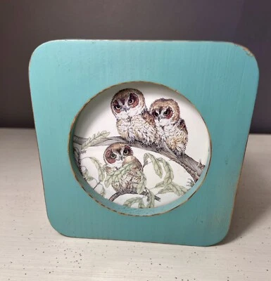 ¡Para el amante del búho! Boceto de búho enmarcado en madera verde azulado hecho a mano en Italia cuadrado Foto 1 de 4