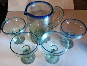 Mexican Art Glass Hand Blown Margarita Pitcher & 4 Glasses Set Cobalt Blue Rims - Picture 1 of 13