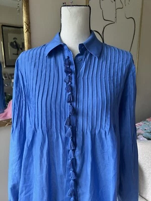 Blusa de gran tamaño 7 For All Mankind azul algodón seda pin-tuck borla, pequeña Foto 1 de 4