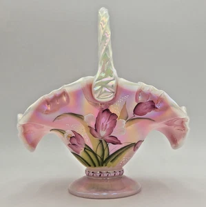 Fenton Rosaline irisierender Tulpenkorb handbemalt 95th Ann. Bill Fenton - Bild 1 von 13