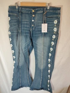 Jeans donna UK 20 40 W bootcut svasato cowboy hippie boho fiori 28 L blu denim - Foto 1 di 14