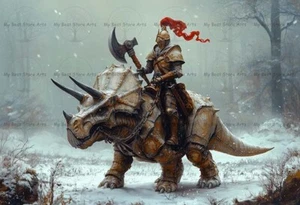 TRICERATOPS AND KNIGHT ART PRINT, Warrior Dinosaur Decor, Gothic Poster F203 - Picture 1 of 3