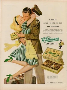 1944 Chocolate Candy Whitmans Sampler Anuncio Impreso De Colección Ejército de Estados Unidos Soldadura Niña Beso - Imagen 1 de 9