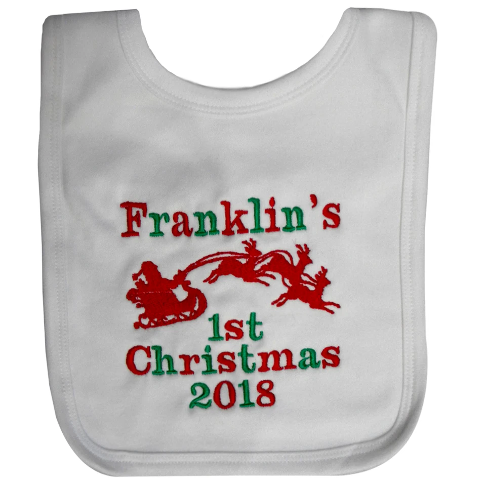 NO BRAND Personalised 1st christmas bib with Santa and sleigh pink blue white red name