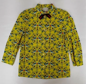 Gucci Kids Yellow Cotton Love Bird Print Button Down Shirt 12 Wmn XS to S 519466 - Picture 1 of 5