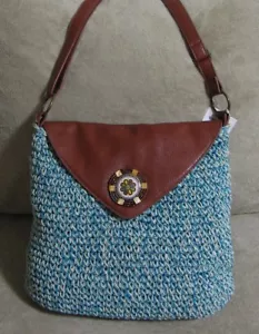NWT SUN N' SAND Blue Straw & Brown Faux Leather Convertible Tote Shoulder Bag - Picture 1 of 6