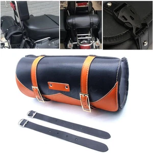 Black PU Leather Motorcycle Saddlebag Roll Barrel Front Fork Tool bag for Harley - Picture 1 of 8