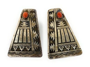 Native American Inspired Sterling Silver Long Earrings with Small Coral Earrings - Picture 1 of 4