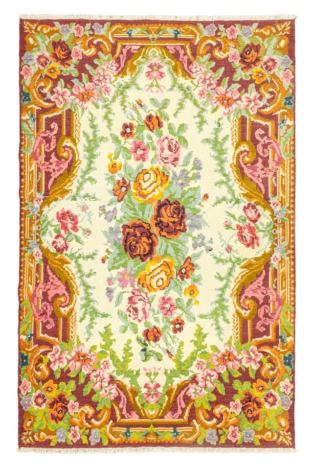 Alfombra floral vintage Boho de gran tamaño Karabakh Kilim 7,7 x 10,8 pies - mostaza y bayas Foto 1 de 4