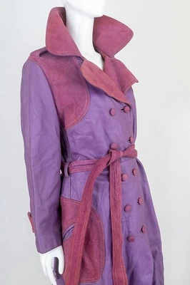 1970s Vintage Trench Coat Color Block Leather and Suede Puple & Pink - Image 1 of 4