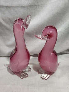 Vintage Murano Art Glass Duck Figurine Pair Pink OBALL Italy Hand Blown Signed - Picture 1 of 10